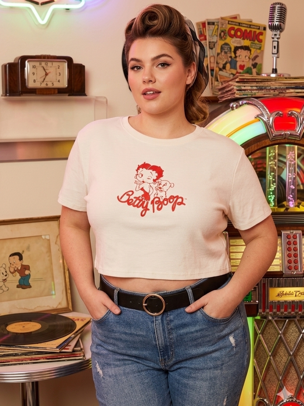 Betty Boop White Crop Top with Red Logo Womens Large